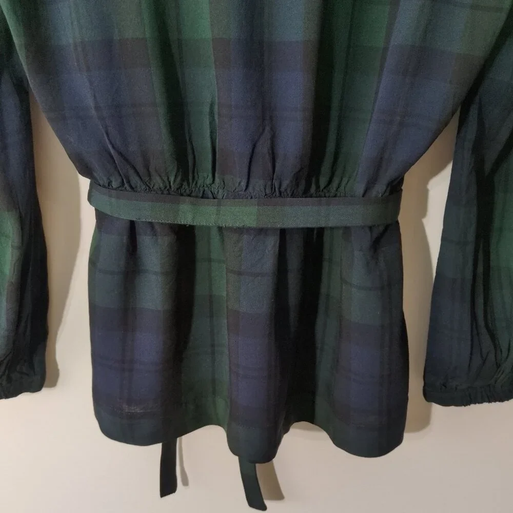 J Crew Mercantile Womens Sz 4 Faux Wrap Blouse Green Plaid Long Sleeve Viscose - Picture 5 of 7